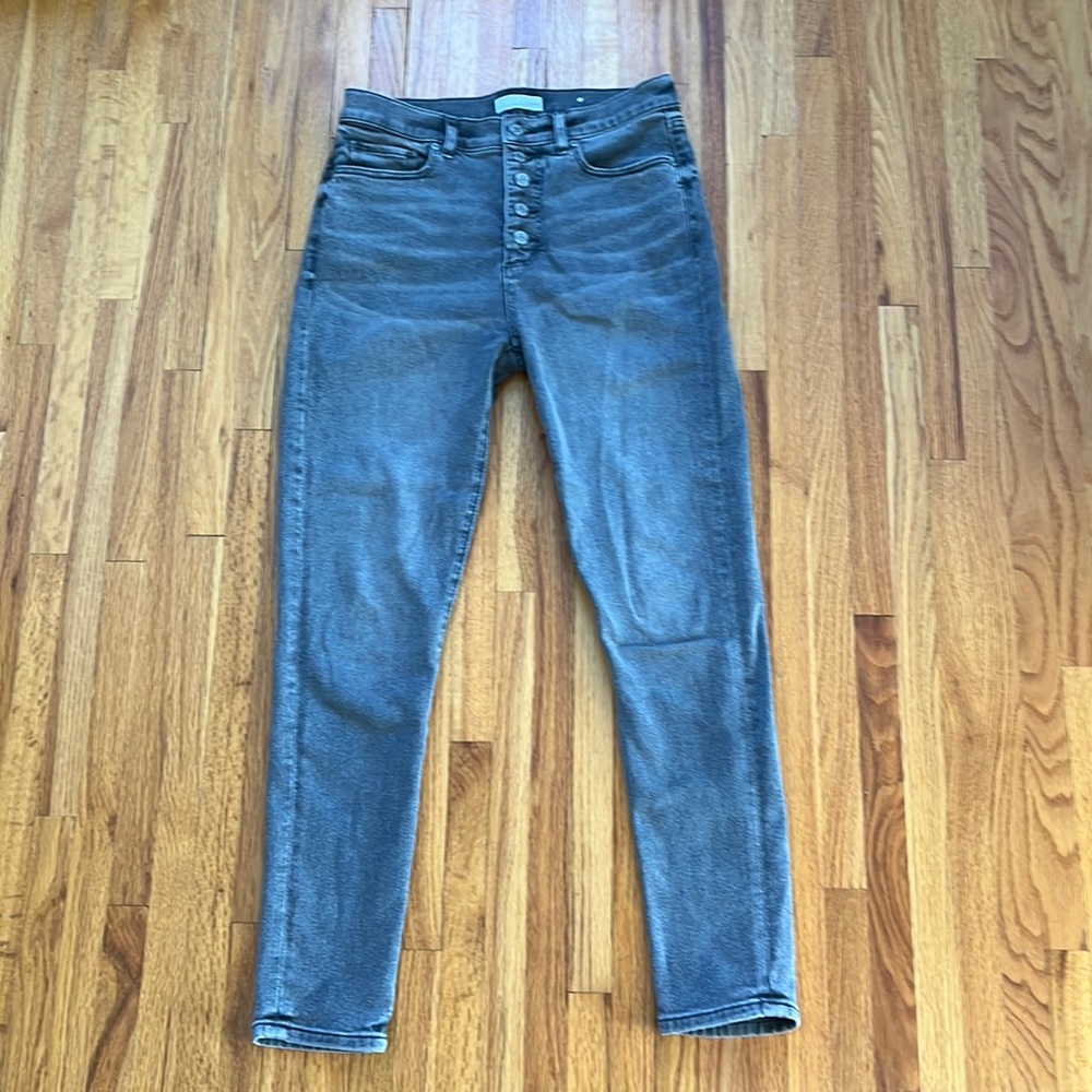 Gray, button fly jeans, size 4
